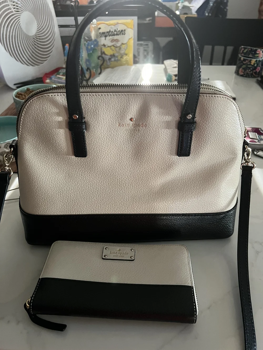 Kate Spade Two-Tone Cream and Black Dome Satchel With Crossbody Strap And Wallet
